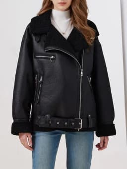 Ailegogo Autumn Winter Women Faux Lamb Fur Thick Warm Jacket with Belt Streetwear Female Zipper Loose Moto Biker Coat Outwear