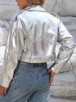 Ailegogo Spring Autumn Women Fashion Casual Silver Short Faux Leather Jacket Streetwear Female Zipper Belt Loose Coat Outwear