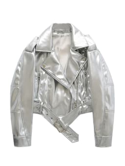 Ailegogo Spring Autumn Women Fashion Casual Silver Short Faux Leather Jacket Streetwear Female Zipper Belt Loose Coat Outwear