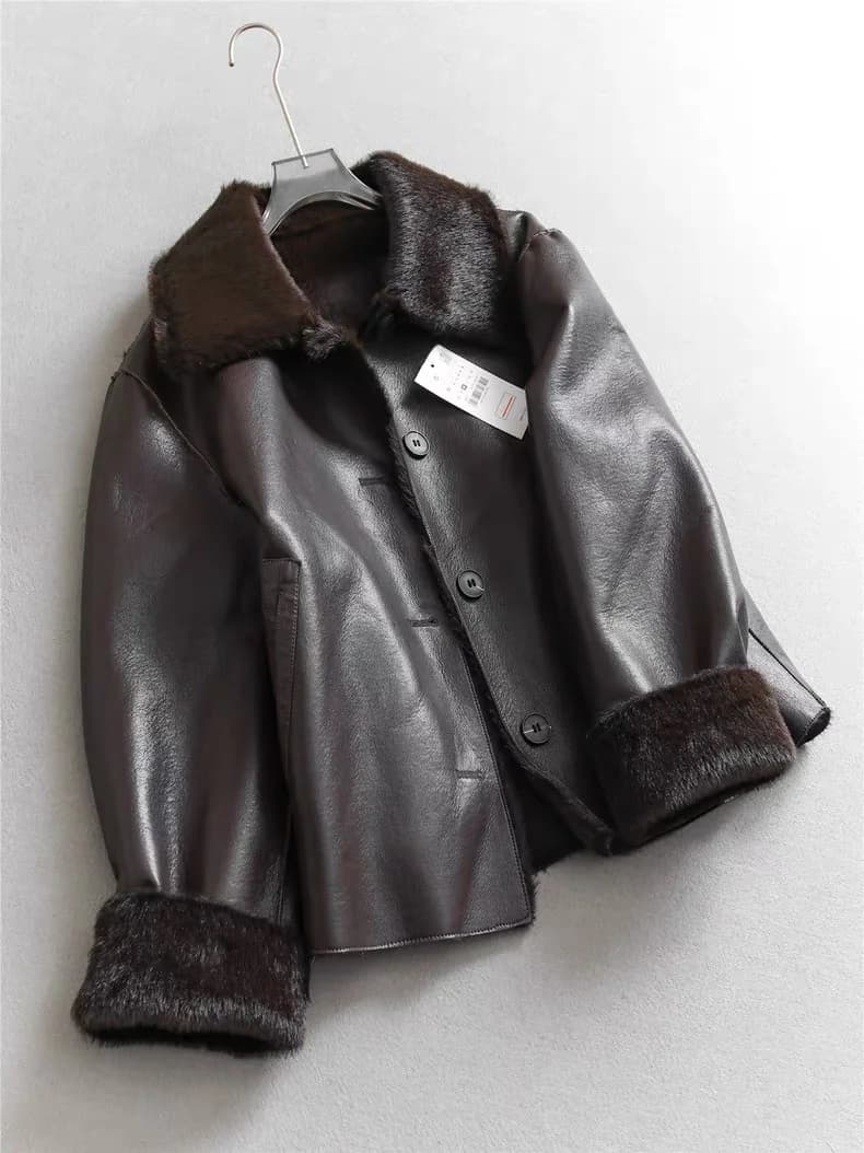 Thickened Long Sleeve Pure Color Leather And Fur Integrated Jacket Double-Sided Wear Loose Women's Warm Coat Female Outerwear