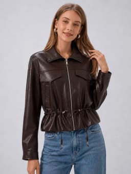 HH Ladies Fashion Adjustable Drawstring Faux Leather Lapel Coat Front Zip Pockets Long Sleeves Elegant Autumn Party Brown Jacket