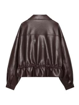 HH Ladies Fashion Adjustable Drawstring Faux Leather Lapel Coat Front Zip Pockets Long Sleeves Elegant Autumn Party Brown Jacket
