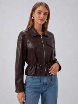 HH Ladies Fashion Adjustable Drawstring Faux Leather Lapel Coat Front Zip Pockets Long Sleeves Elegant Autumn Party Brown Jacket