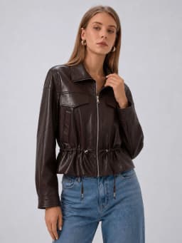 HH Ladies Fashion Adjustable Drawstring Faux Leather Lapel Coat Front Zip Pockets Long Sleeves Elegant Autumn Party Brown Jacket