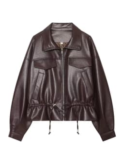 HH Ladies Fashion Adjustable Drawstring Faux Leather Lapel Coat Front Zip Pockets Long Sleeves Elegant Autumn Party Brown Jacket
