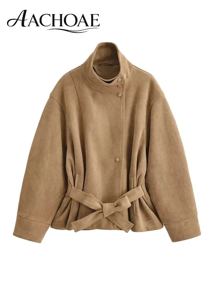 AACHOAE Women Faux Suede Jacket Belted Waist Loose Fit Short Coat Long Sleeve Vintage Casual Elegant Autumn Spring Outerwear