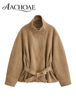 AACHOAE Women Faux Suede Jacket Belted Waist Loose Fit Short Coat Long Sleeve Vintage Casual Elegant Autumn Spring Outerwear