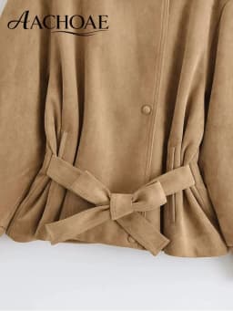 AACHOAE Women Faux Suede Jacket Belted Waist Loose Fit Short Coat Long Sleeve Vintage Casual Elegant Autumn Spring Outerwear