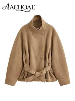AACHOAE Women Faux Suede Jacket Belted Waist Loose Fit Short Coat Long Sleeve Vintage Casual Elegant Autumn Spring Outerwear