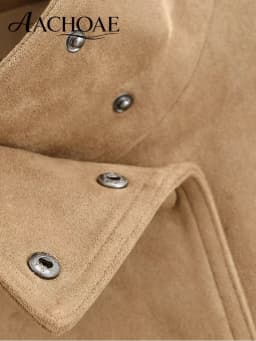 AACHOAE Women Faux Suede Jacket Belted Waist Loose Fit Short Coat Long Sleeve Vintage Casual Elegant Autumn Spring Outerwear