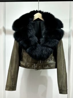 2025 Women Vintage Pu Faux Leather Short Jacket With Belt Streetwear Female Zipper Retro Coat Outwear Big Real Fox Fur Collar
