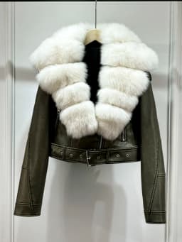 2025 Women Vintage Pu Faux Leather Short Jacket With Belt Streetwear Female Zipper Retro Coat Outwear Big Real Fox Fur Collar