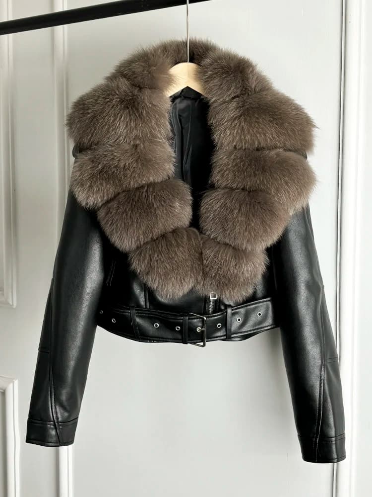 2025 Women Vintage Pu Faux Leather Short Jacket With Belt Streetwear Female Zipper Retro Coat Outwear Big Real Fox Fur Collar