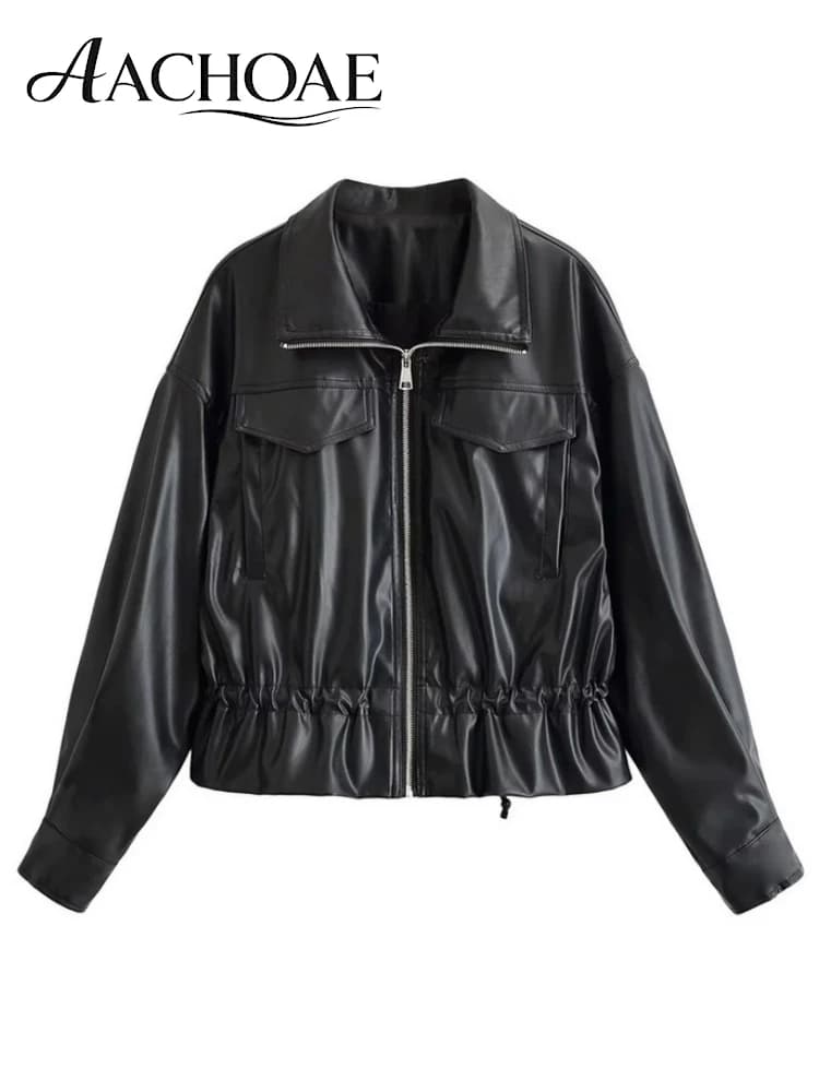 AACHOAE Women Faux Leather Jacket Drawstring Waist Zip Up Utility Short Coat Flap Pocket Casual Streetwear Autumn Outerwear