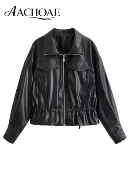 AACHOAE Women Faux Leather Jacket Drawstring Waist Zip Up Utility Short Coat Flap Pocket Casual Streetwear Autumn Outerwear