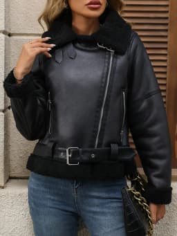 Ailegogo New Women Autumn Winter Warm Black Faux Lamb Fur Leather Jacket Streetwear Female Retro Zipper Belt Coat Outwear