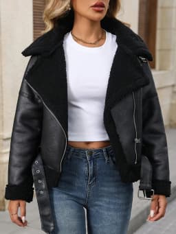 Ailegogo New Women Autumn Winter Warm Black Faux Lamb Fur Leather Jacket Streetwear Female Retro Zipper Belt Coat Outwear