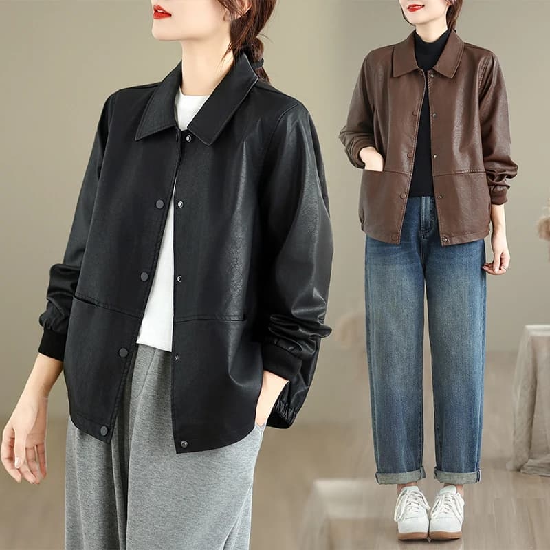 Black Brown Soft Leather Jacket Women's 2025 New Autumn Flip Collar Cool Wind Small Size Pu Leather Coat Long Sleeve Loose Fit