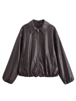 HH Women Vintage Dark Brown Faux Leather Bomber Jacket Long Sleeve Zipper Lapel Coat Spring Autumn Fashion Lady Streetwear Tops