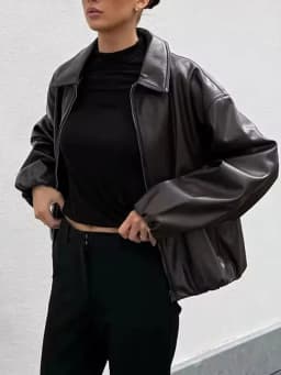 HH Women Vintage Dark Brown Faux Leather Bomber Jacket Long Sleeve Zipper Lapel Coat Spring Autumn Fashion Lady Streetwear Tops