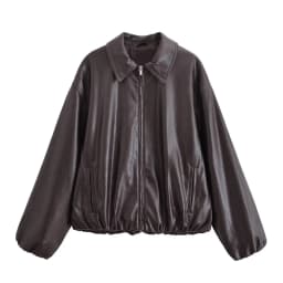 HH Women Vintage Dark Brown Faux Leather Bomber Jacket Long Sleeve Zipper Lapel Coat Spring Autumn Fashion Lady Streetwear Tops