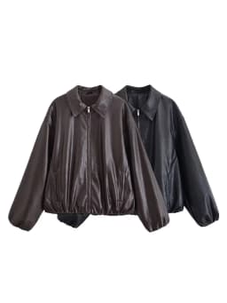 HH Women Vintage Dark Brown Faux Leather Bomber Jacket Long Sleeve Zipper Lapel Coat Spring Autumn Fashion Lady Streetwear Tops