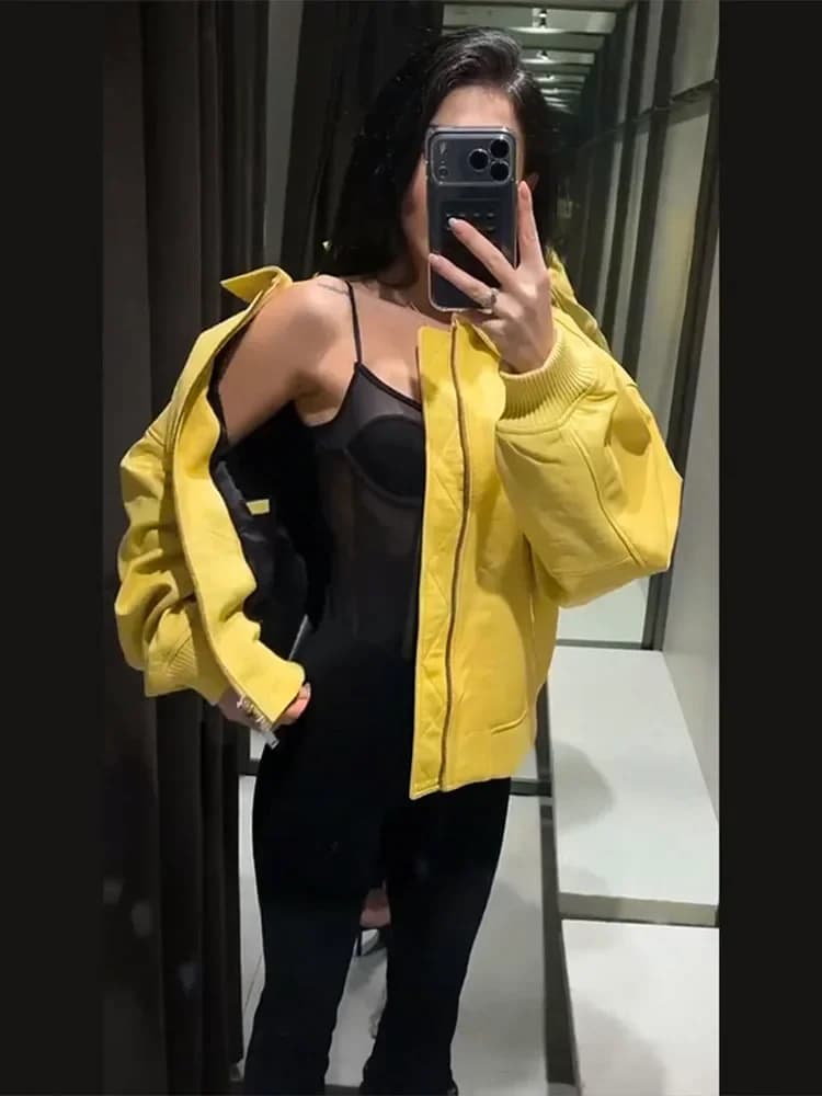 Faux Leather Yellow Short Women's Jacket Autumn Turn-down Collar Pockets Zippers Female Coat 2026 Lady Full Sleeve Fashion Coats