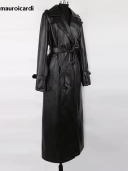 Mauroicardi Spring Autumn Waterproof Black Soft Pu Leather Trench Coat for Women Belt Double Breasted Floor Length Overcoat 2025