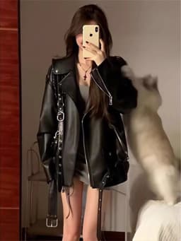 American Retro Black PU Leather Jacket Women's Oversize Motorcycle Style Top Coat Fall New Design Sensation Commute Wind