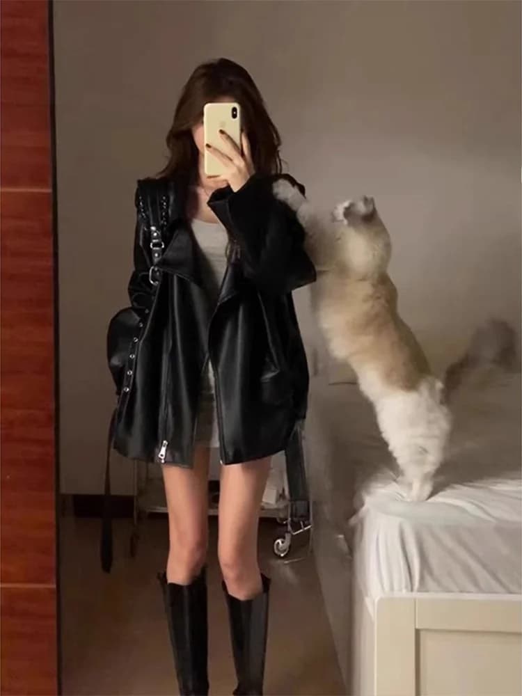 American Retro Black PU Leather Jacket Women's Oversize Motorcycle Style Top Coat Fall New Design Sensation Commute Wind