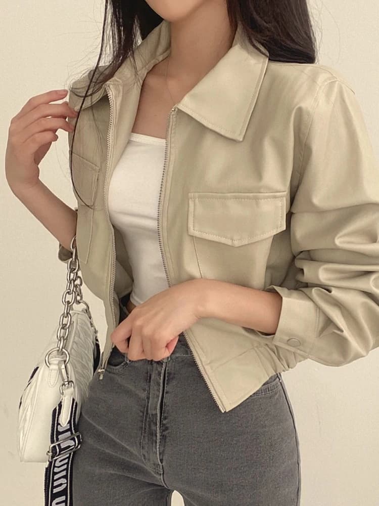 Premium Short PU Leather Jacket Women's Korean Style Loose Fit Collar Slimming Autumn Winter Coat Long Sleeve Regular Le...