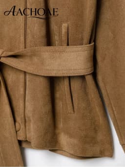 AACHOAE Women Faux Suede Jacket Belted Waist High Stand Collar Button Up Loose Short Coat Vintage Casual Outerwear