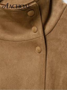 AACHOAE Women Faux Suede Jacket Belted Waist High Stand Collar Button Up Loose Short Coat Vintage Casual Outerwear