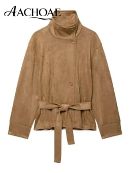 AACHOAE Women Faux Suede Jacket Belted Waist High Stand Collar Button Up Loose Short Coat Vintage Casual Outerwear