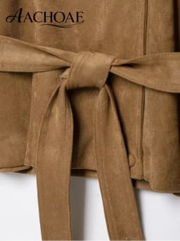AACHOAE Women Faux Suede Jacket Belted Waist High Stand Collar Button Up Loose Short Coat Vintage Casual Outerwear