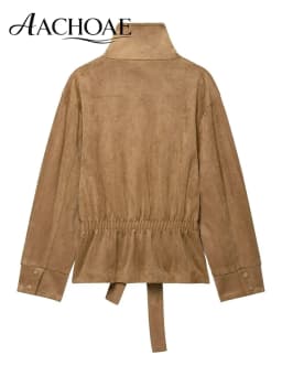 AACHOAE Women Faux Suede Jacket Belted Waist High Stand Collar Button Up Loose Short Coat Vintage Casual Outerwear