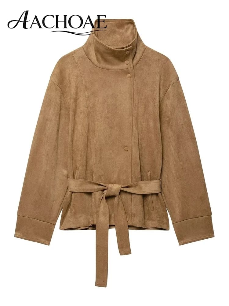 AACHOAE Women Faux Suede Jacket Belted Waist High Stand Collar Button Up Loose Short Coat Vintage Casual Outerwear