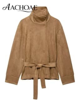 AACHOAE Women Faux Suede Jacket Belted Waist High Stand Collar Button Up Loose Short Coat Vintage Casual Outerwear