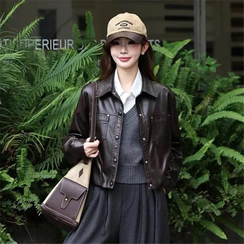 Black Short Faux PU Leather Jacket Big Pocket Lapel Single-Breasted Long Sleeve Autumn New Women Imitation Leather Biker Jacket