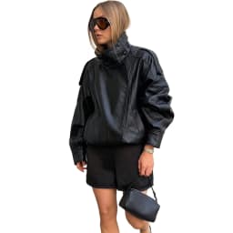 Crossbody PU Leather Jacket Women Short Motorcycle Jackets Loose Casual Blazer Tops Spring Summer