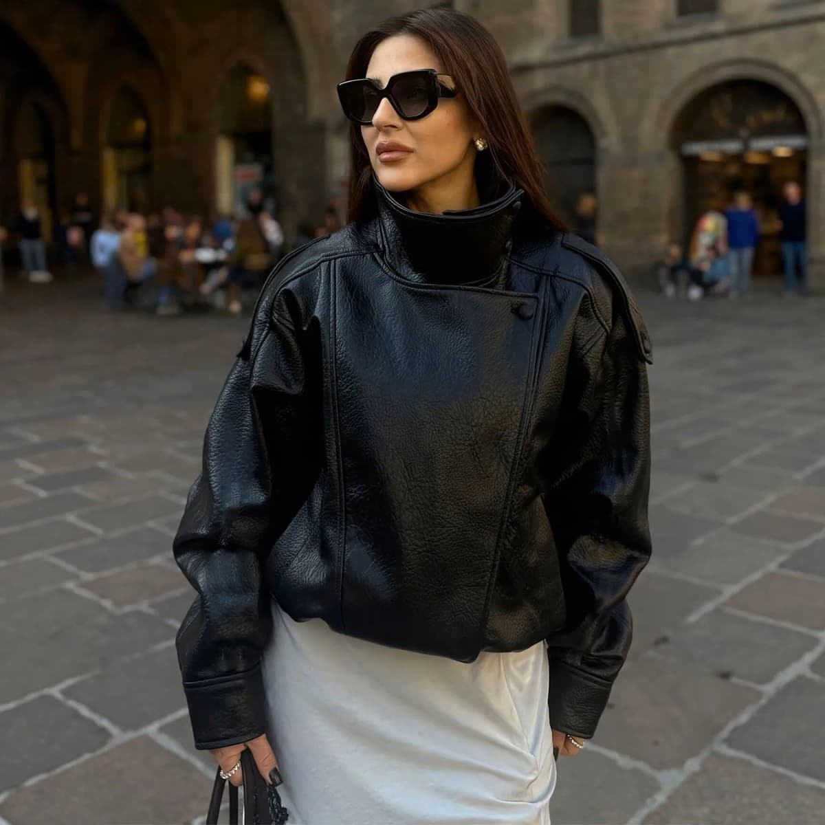 Crossbody PU Leather Jacket Women Short Motorcycle Jackets Loose Casual Blazer Tops Spring Summer