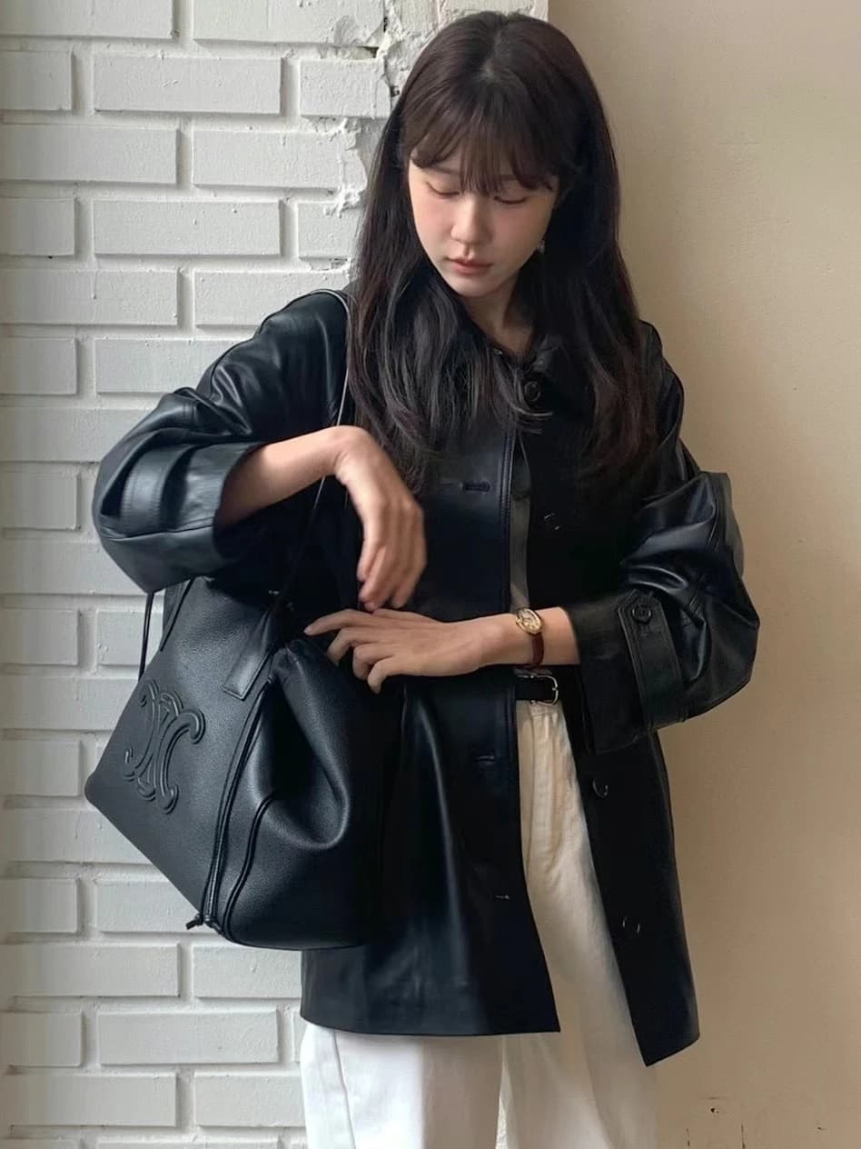 Spring New Arrival Loose Fit Black PU Leather Jacket Women's Top Vintage Collar Design Street Style Coat Long Sleeve Coat