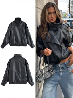 HH Women Jacket Fall 2025 New Black Long Sleeve Turtleneck Faux Leather Jacket Motorcycle Style Personality Fashion Coat Outwear
