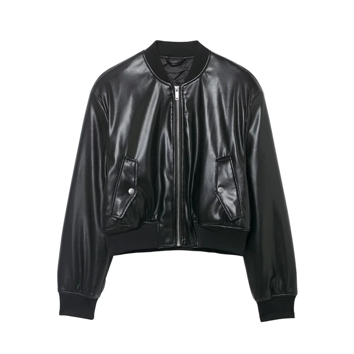 Willshela Women Fashion With Pockets PU Black Front Zipper Jackets Vintage O-Neck Long Sleeves Female Chic Lady Outfits