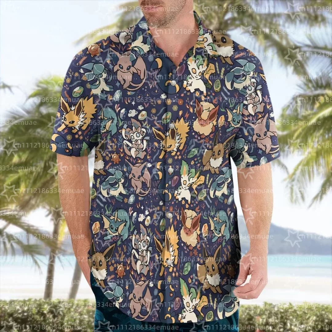 2026 Midnight Eevee Evolutions Hawaiian Shirt Summer Sports Leisure Dry Quickly Men's Camp Shirt Kid's Clothing Tee Y2k Woman