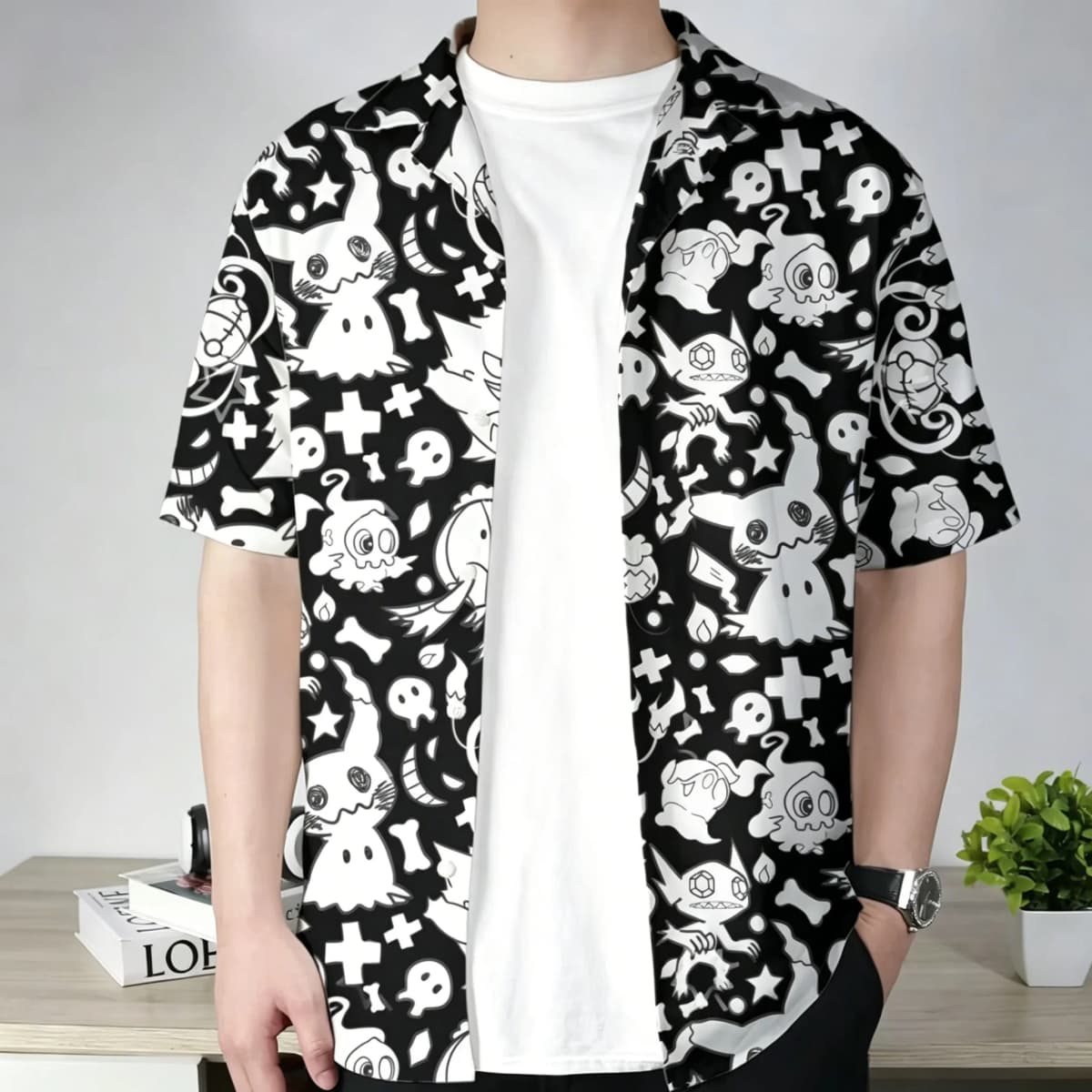 Unisex Kids Adults Summer Black Hawaiian Shirt With Pokémon Ghost-Type Print T Shirt, Aloha Design, Men's Clothing