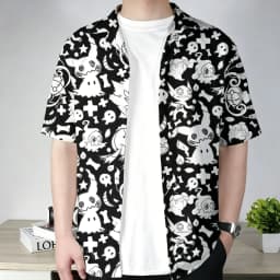 Unisex Kids Adults Summer Black Hawaiian Shirt With Pokémon Ghost-Type Print T Shirt, Aloha Design, Men's Clothing