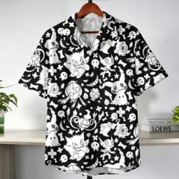 Unisex Kids Adults Summer Black Hawaiian Shirt With Pokémon Ghost-Type Print T Shirt, Aloha Design, Men's Clothing
