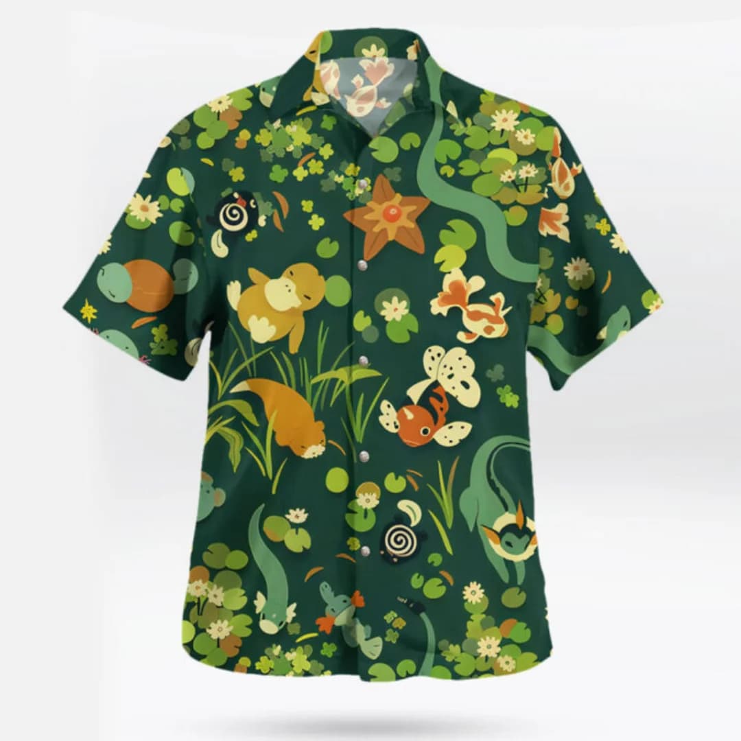Japanese Healing Pond Cartoon Printed Flower Shirt for Both Men and Women, Summer Loose Collar Vacation Casual Cardigan Top