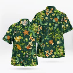 Japanese Healing Pond Cartoon Printed Flower Shirt for Both Men and Women, Summer Loose Collar Vacation Casual Cardigan Top